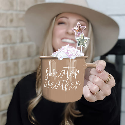 Sweater Weather mug by Gia Roma in tan ceramic with whipped cream and star toppers on Tampa Home & Garden Store