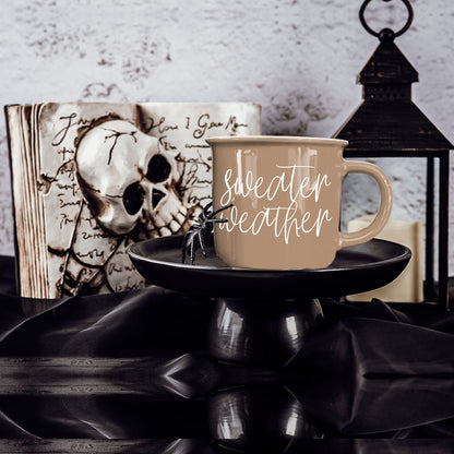 Ceramic Sweater Weather mug with beige body and white script text sweater weather, spider charm on Tampa Home & Garden Store