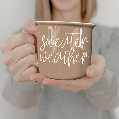 Sweater Weather coffee mug by Gia Roma in beige with white script text on Tampa Home & Garden Store