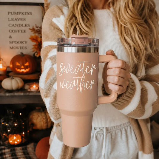 Sweater Weather 40oz travel tumbler by Gia Roma in blush pink with lid on Tampa Home & Garden Store