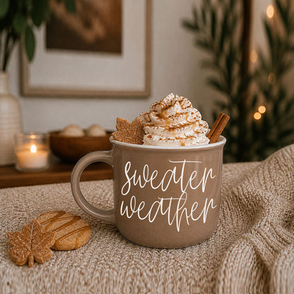 Sweater Weather mug by Gia Roma, taupe mug with script, whipped cream and cinnamon sticks on Tampa Home & Garden Store