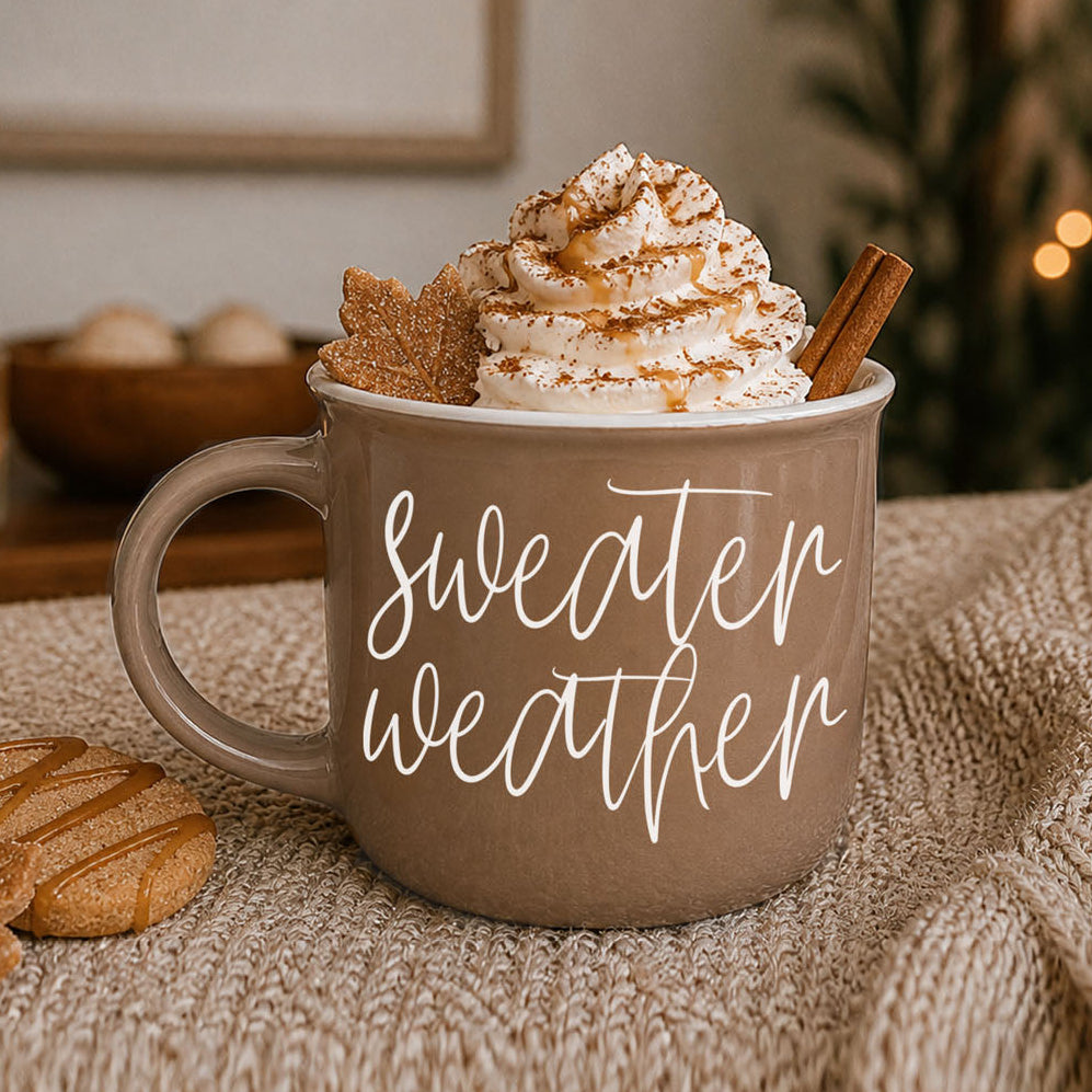 Sweater Weather mug by Gia Roma in taupe with whipped cream topping and cinnamon stick on Tampa Home & Garden Store