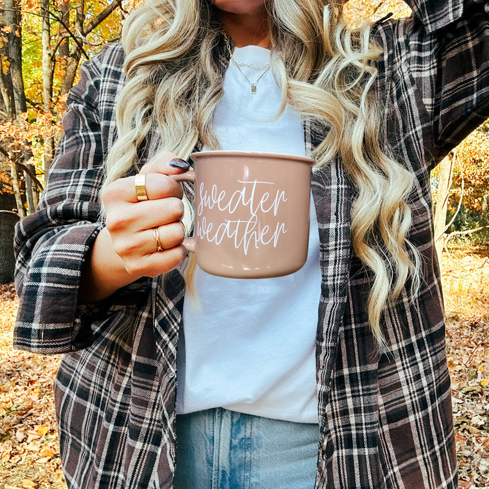Gia Roma Sweater Weather coffee mug in dusty pink ceramic with white script on Tampa Home & Garden Store