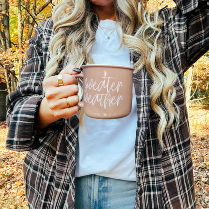 Gia Roma Sweater Weather coffee mug in dusty pink ceramic with white script on Tampa Home & Garden Store