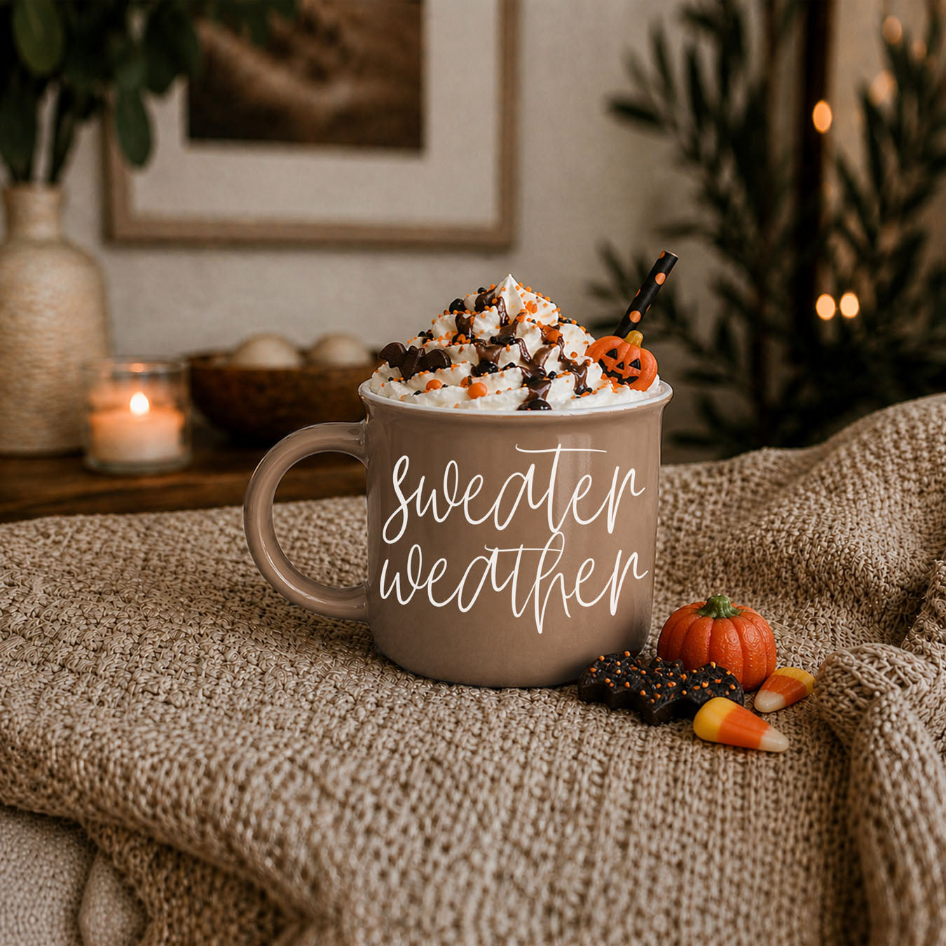 Gia Roma Sweater Weather mug in taupe ceramic with white script text and whipped cream topping on Tampa Home & Garden Store