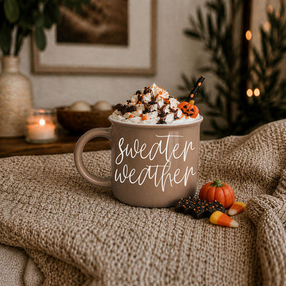 Gia Roma Sweater Weather mug in taupe ceramic with white script text and whipped cream topping on Tampa Home & Garden Store