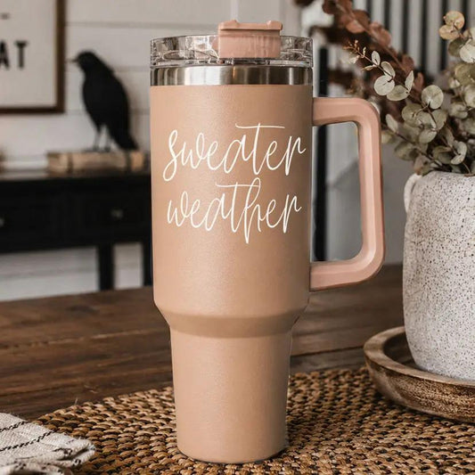 Gia Roma Sweater Weather 40oz travel tumbler peach with pink lid and white script text on Tampa Home & Garden Store