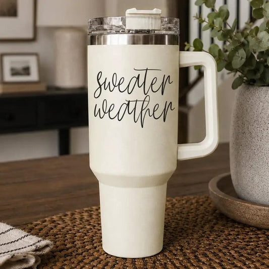 Sweater Weather 40oz travel mug by Gia Roma, cream insulated tumbler with white handle on Tampa Home & Garden Store