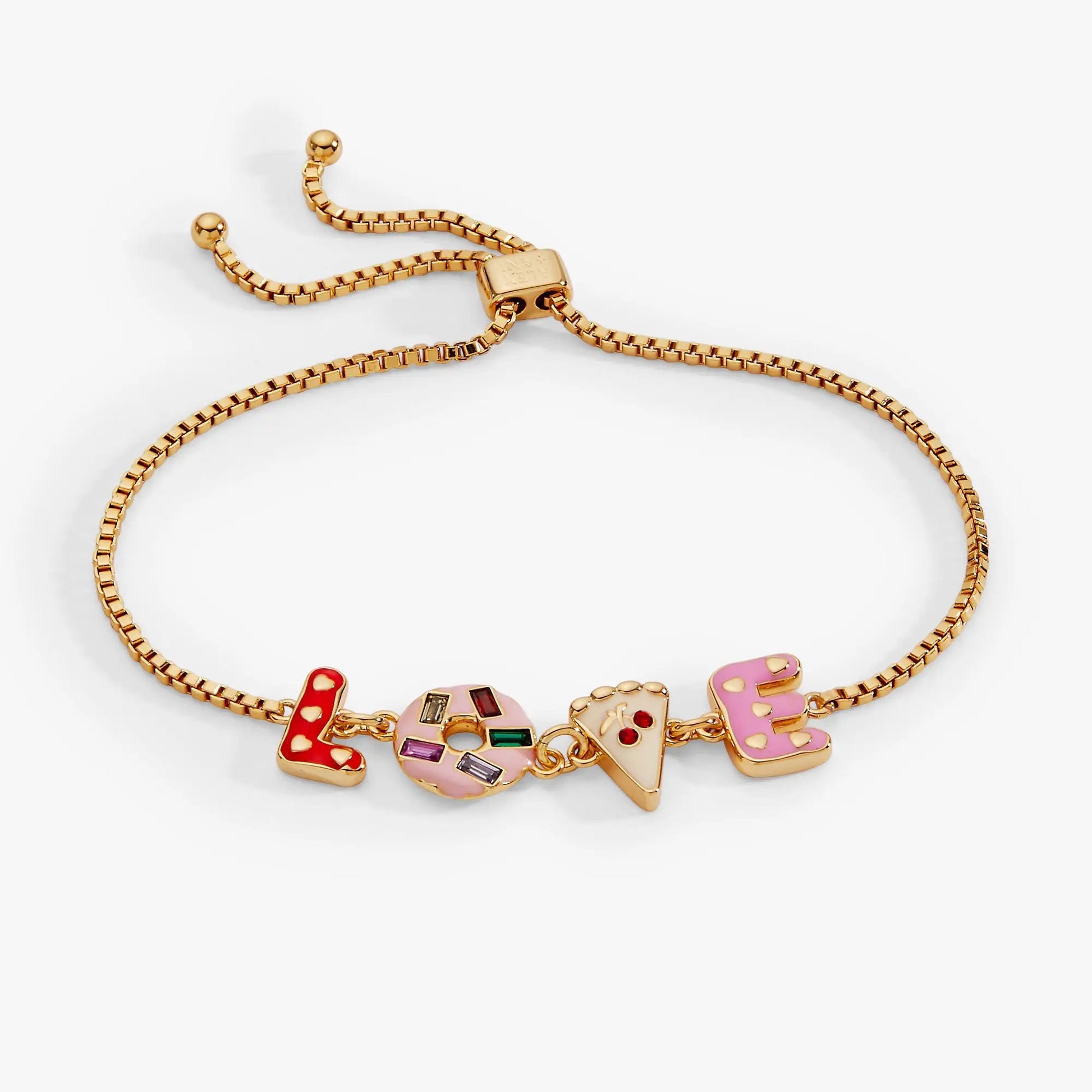 Sweet Shop Love Adjustable Bolo Bracelet in gold-tone with colorful enamel letter charms on Tampa Home & Garden Store