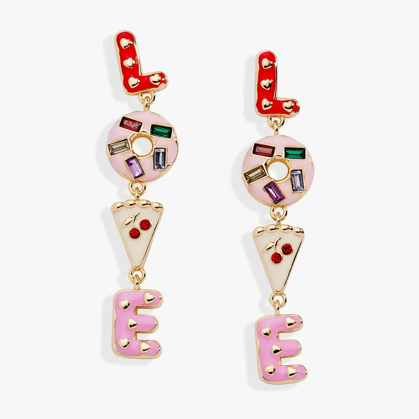 Sweet Shop Love earrings by ALEX AND ANI; red L-top with hearts, pink donut pendant, 2 earrings on Tampa Home & Garden Store