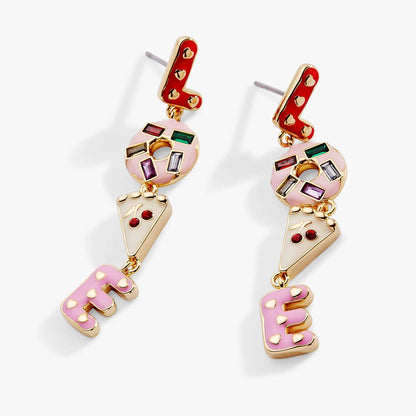 Earrings Shop Love drop by ALEX AND ANI; red enamel with gold hearts and donut charms on Tampa Home & Garden Store