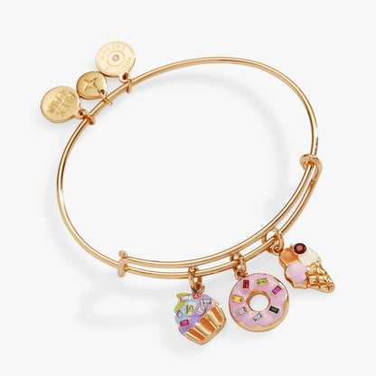 Sweet Treats Multi Charm Bangle by ALEX AND ANI, gold-tone bracelet with candy donut charms on Tampa Home & Garden Store