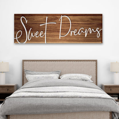 Sweet Dreams Sign VII canvas with white script on wood backdrop by Tailored Canvases on Tampa Home & Garden Store