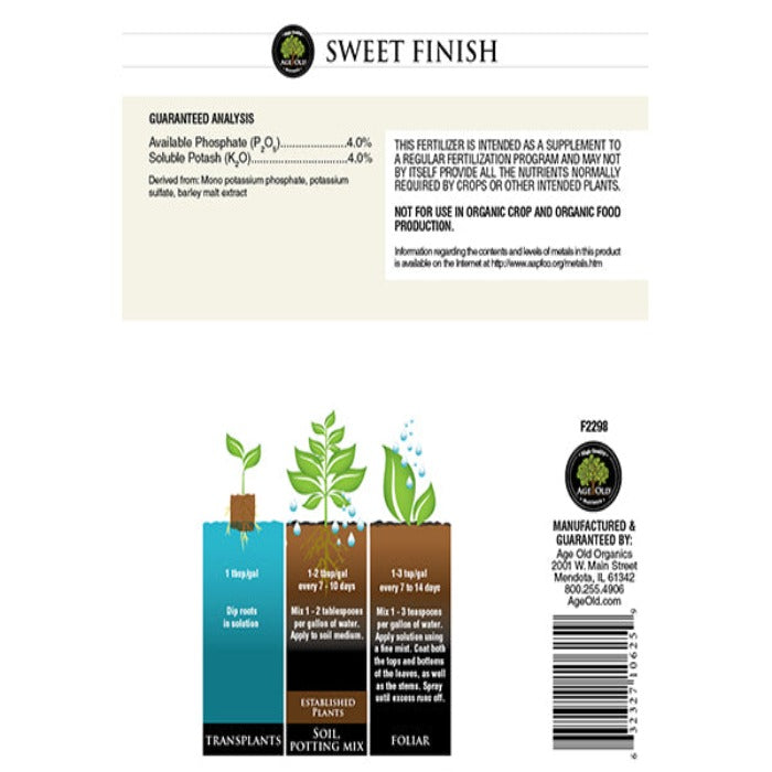 Age Old Sweet Finish 0-4-4 fertilizer by Rivendell Distribution with green plant graphic on Tampa Home & Garden Store