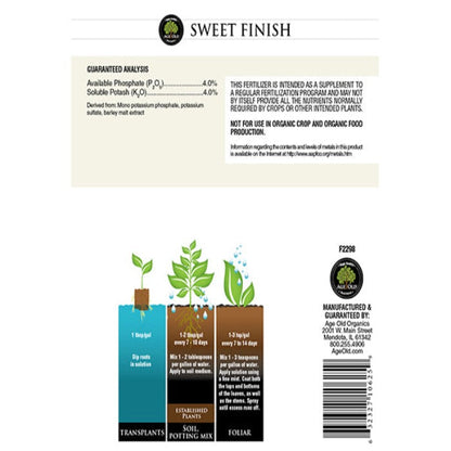 Age Old Sweet Finish 0-4-4 fertilizer by Rivendell Distribution with green plant graphic on Tampa Home & Garden Store
