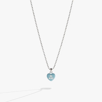 Sweethearts Be Mine pendant charm necklace by Alex and Ani on a silver bead chain with a blue heart pendant reading BE MINE on Tampa Home & Garden Store