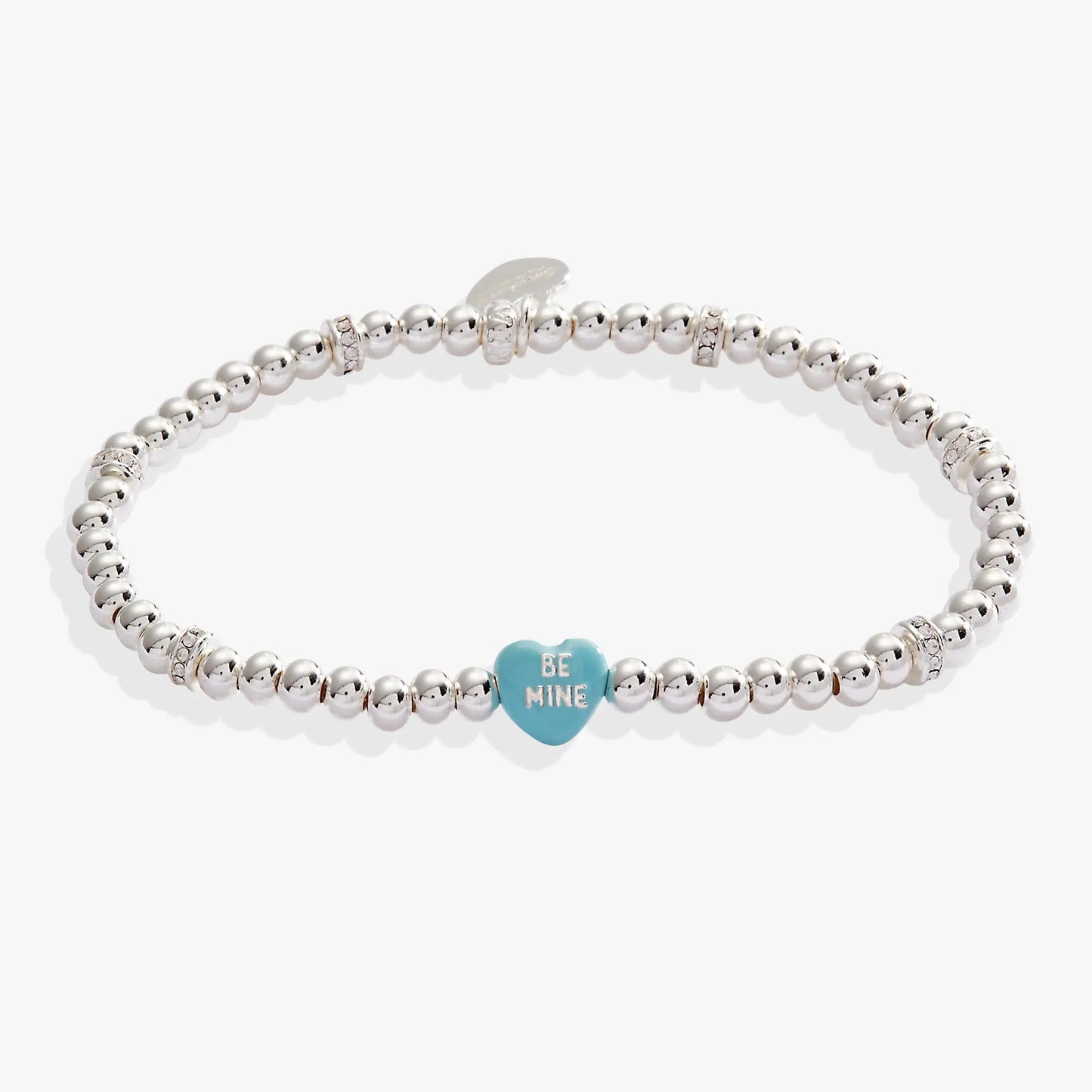 Sweethearts Be Mine Stretch Bracelet by ALEX AND ANI with silver beads and blue BE MINE heart on Tampa Home & Garden Store