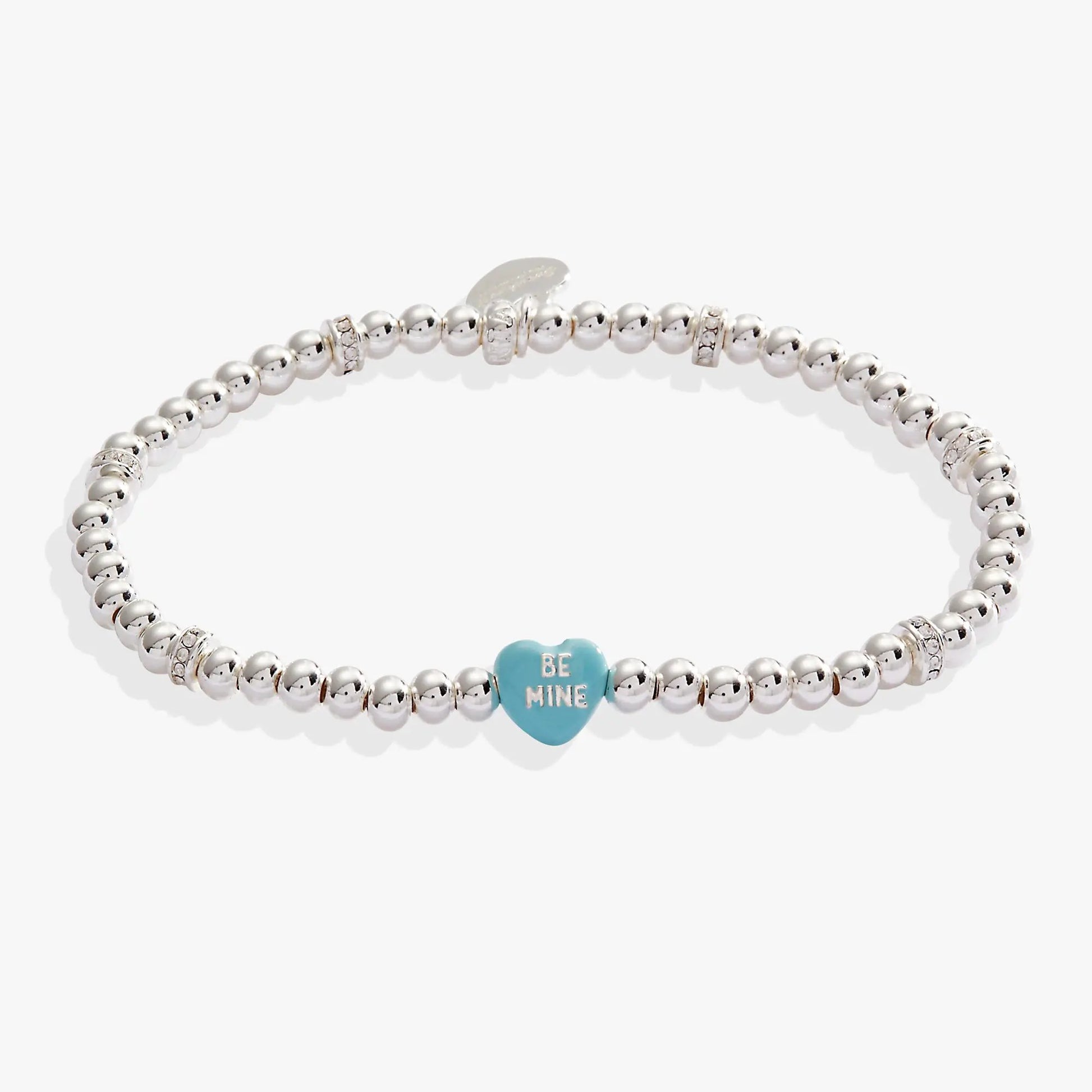 Sweethearts Be Mine Stretch Bracelet by ALEX AND ANI with silver beads and blue BE MINE heart on Tampa Home & Garden Store