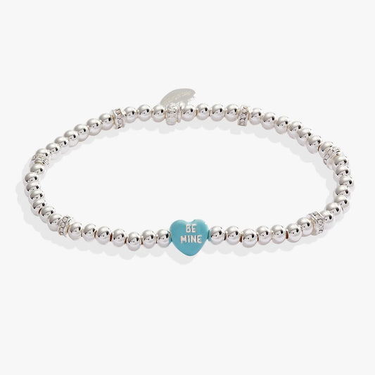 Sweethearts Be Mine Stretch Bracelet by ALEX AND ANI with silver beads and blue BE MINE heart on Tampa Home & Garden Store