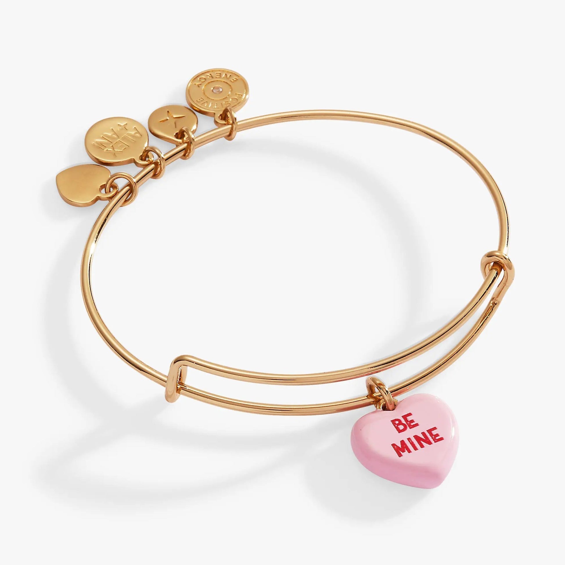 Sweethearts Be Mine Charm Bangle by Alex and Ani in rose-gold with pink Be Mine heart bead and disc charms on Tampa Home & Garden Store