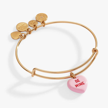 Sweethearts Be Mine Charm Bangle by Alex and Ani in rose-gold with pink Be Mine heart bead and disc charms on Tampa Home & Garden Store