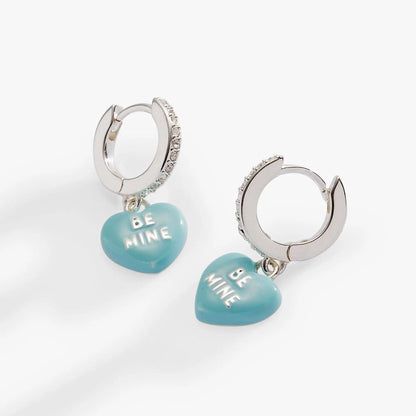 Sweethearts Be Mine Huggie Hoop Earrings pair, hoops with pavé and turquoise BE MINE hearts on Tampa Home & Garden Store