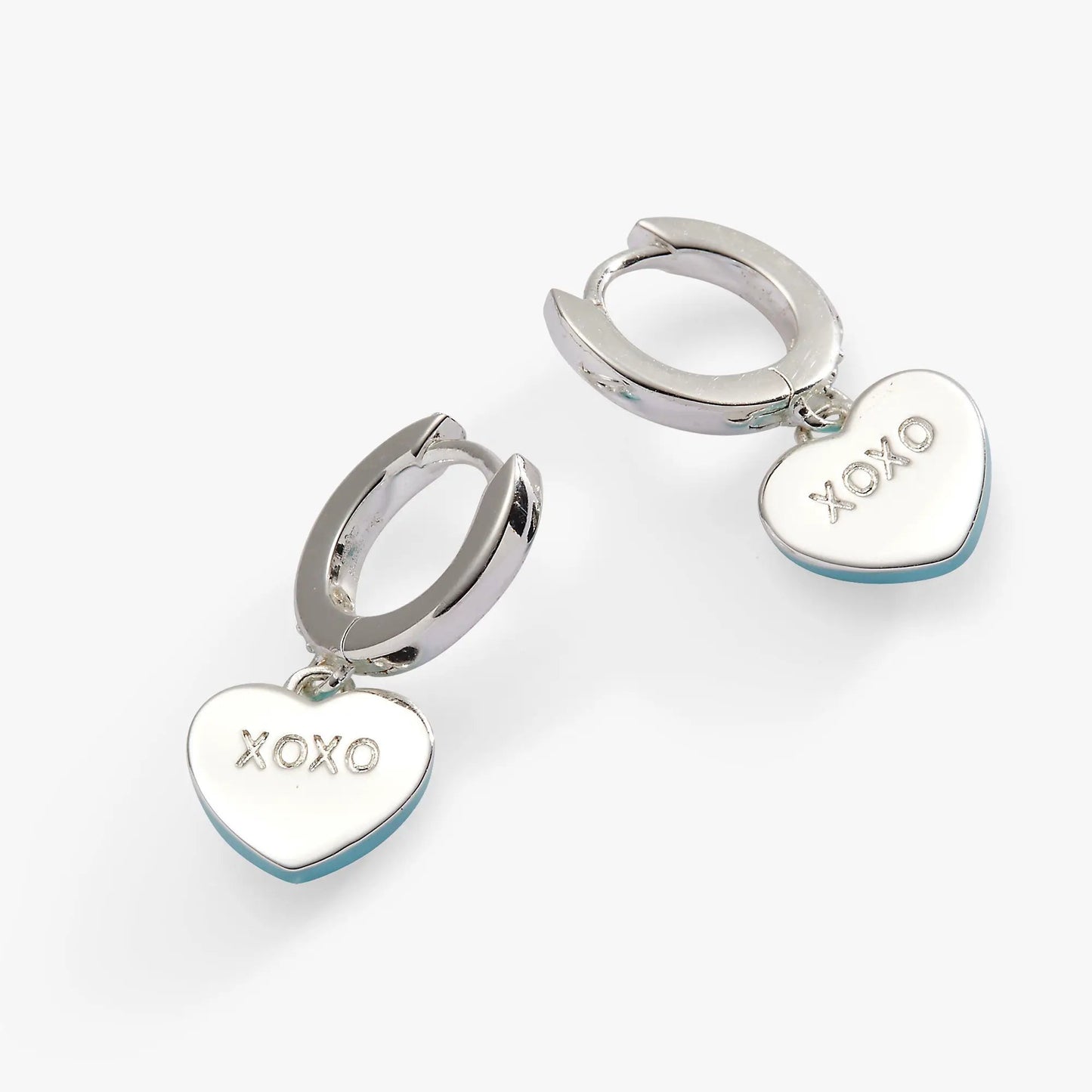 Be Mine Sweethearts Huggie Hoop Earrings by Alex and Ani; silver-tone heart charms on Tampa Home & Garden Store