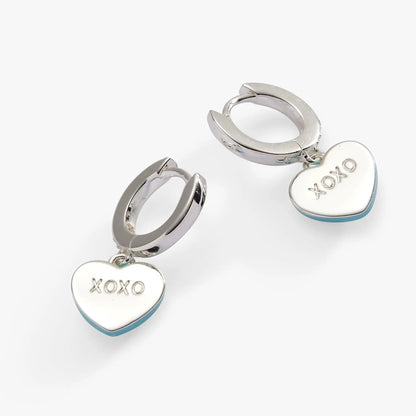 Be Mine Sweethearts Huggie Hoop Earrings by Alex and Ani; silver-tone heart charms on Tampa Home & Garden Store