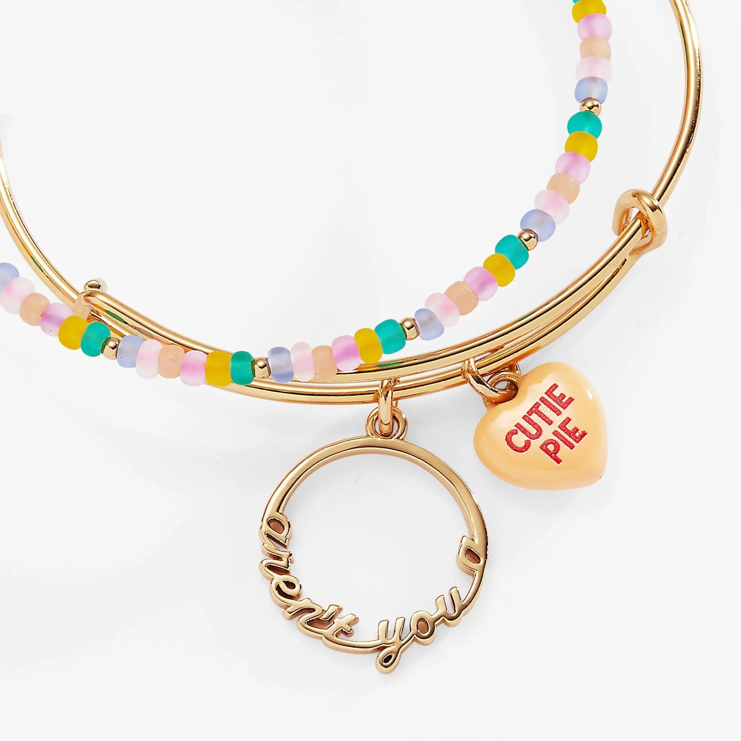 Sweethearts Aren't You A Cutie Pie bangles set of 2 with pastel beads on gold-tone bangles on Tampa Home & Garden Store