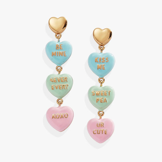 Sweethearts Drop Earrings by ALEX AND ANI, gold-tone hearts with blue BE MINE charms, pair on Tampa Home & Garden Store