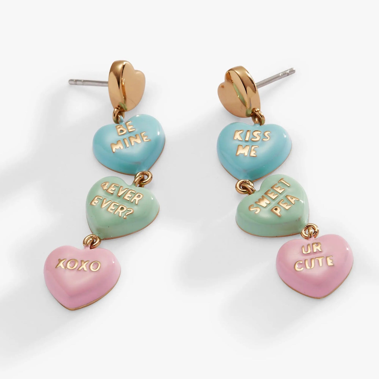 Sweethearts Earrings by ALEX AND ANI with pastel enamel heart charms BE MINE and KISS ME on Tampa Home & Garden Store