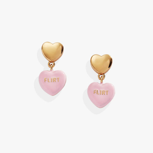 Sweethearts Flirt drop earrings pair by Alex and Ani; gold heart tops with heart charms on Tampa Home & Garden Store