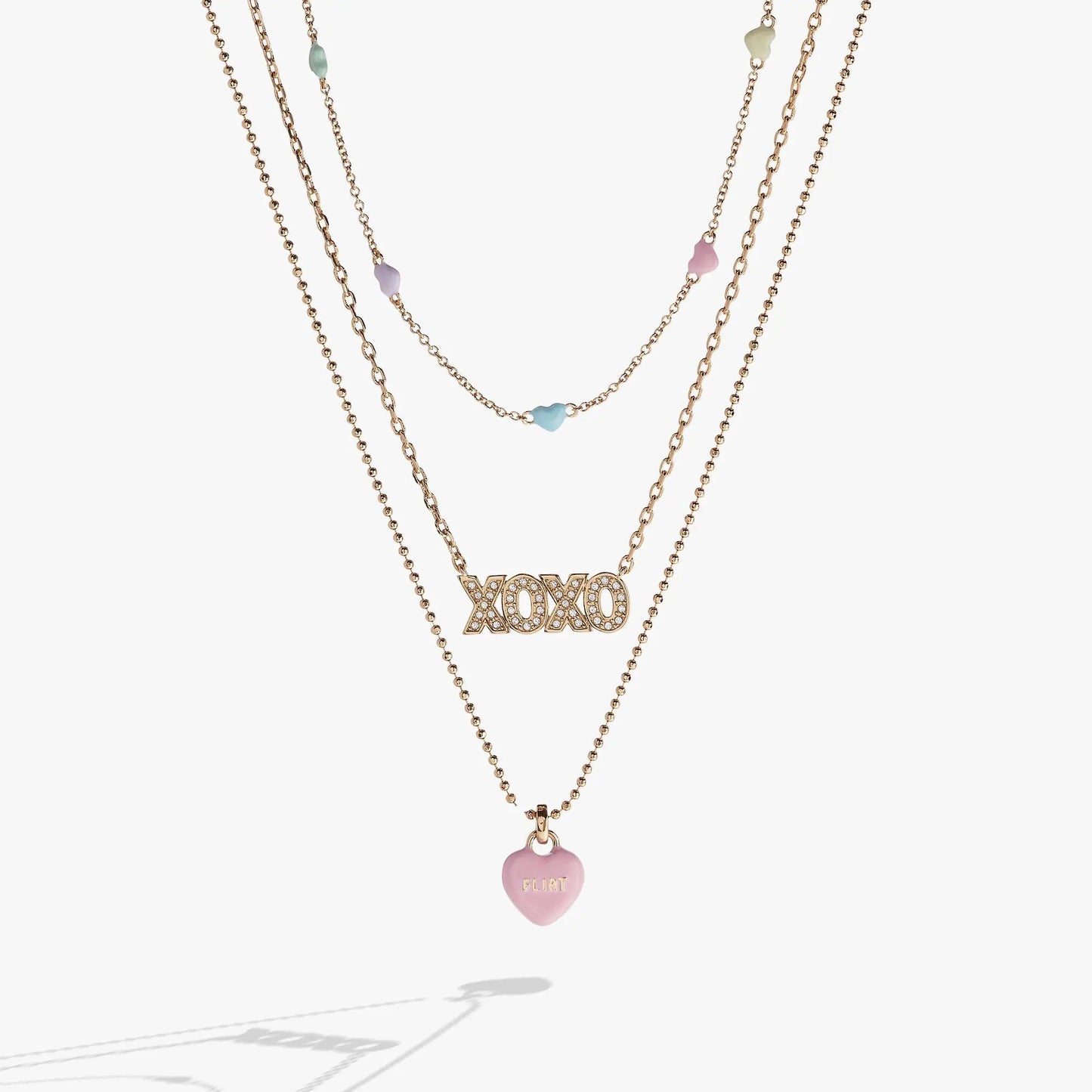 Sweethearts Triple-Strand Charm Necklace by ALEX AND ANI; gold-tone with pastel heart beads on Tampa Home & Garden Store
