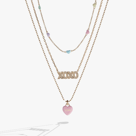Sweethearts Triple-Strand Charm Necklace by ALEX AND ANI; gold-tone with pastel heart beads on Tampa Home & Garden Store