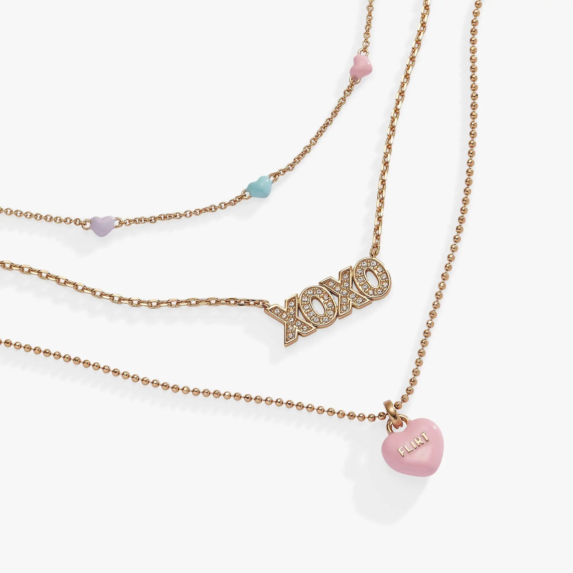 Sweethearts Triple-Strand Charm Necklace with pastel heart charms and crystal LOVE on Tampa Home & Garden Store