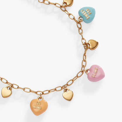 Sweethearts MultiCharm Bracelet by ALEX AND ANI with gold chain turquoise and pink heart charms on Tampa Home & Garden Store