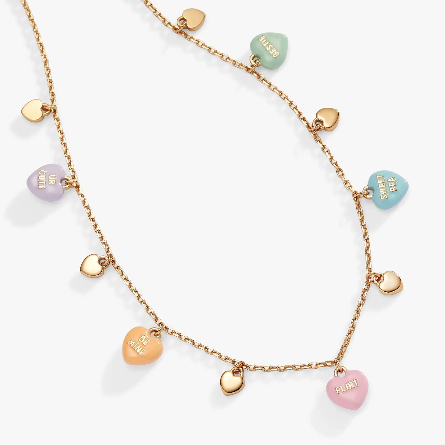 Sweethearts Multi-Charm Necklace with gold-tone chain and enamel heart charms BE MINE, FLIRT on Tampa Home & Garden Store