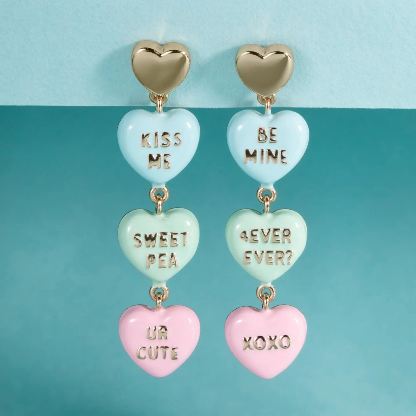 Sweethearts Statement Drop Earrings by ALEX AND ANI; gold-tone hearts with blue charms KISS ME on Tampa Home & Garden Store
