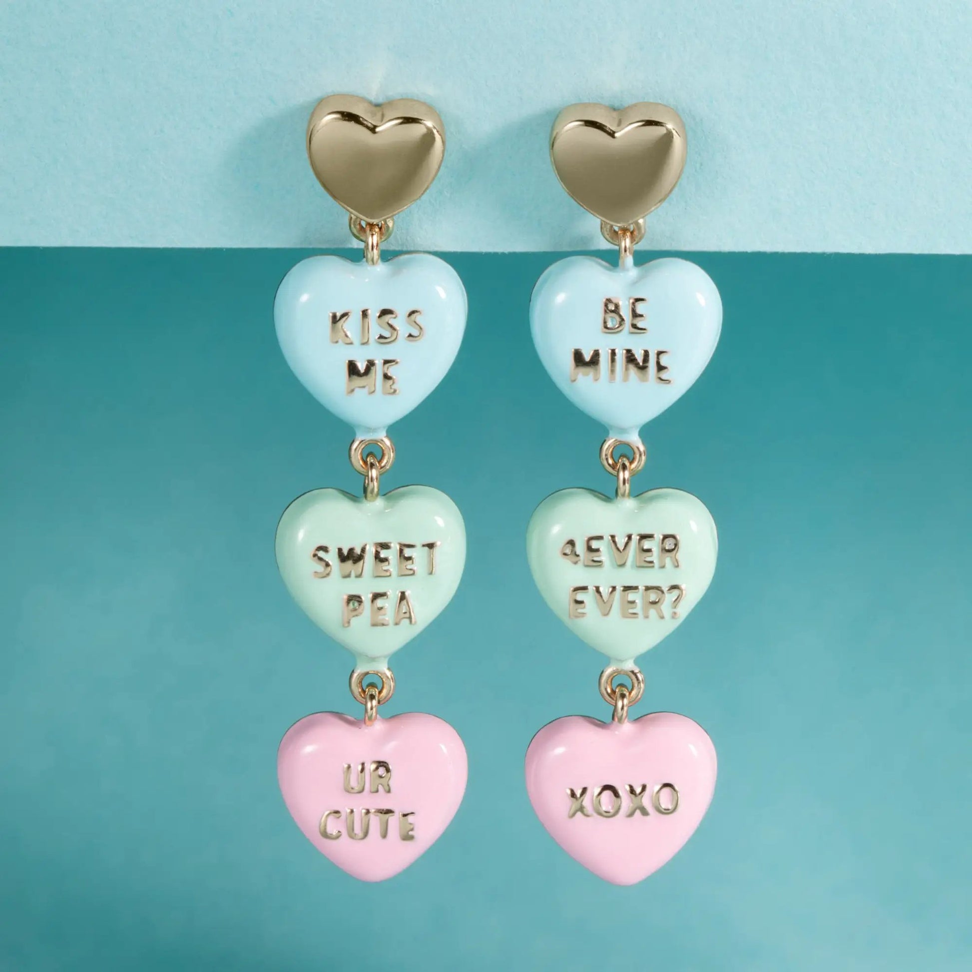 Sweethearts Statement Drop Earrings by ALEX AND ANI; gold-tone hearts with blue charms KISS ME on Tampa Home & Garden Store