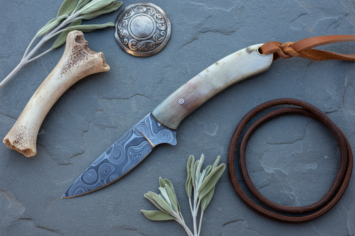 Frontier Cowboy Gear Saddle Knife with Damascus blade and sheep horn handle, 7in, lanyard on Tampa Home & Garden Store