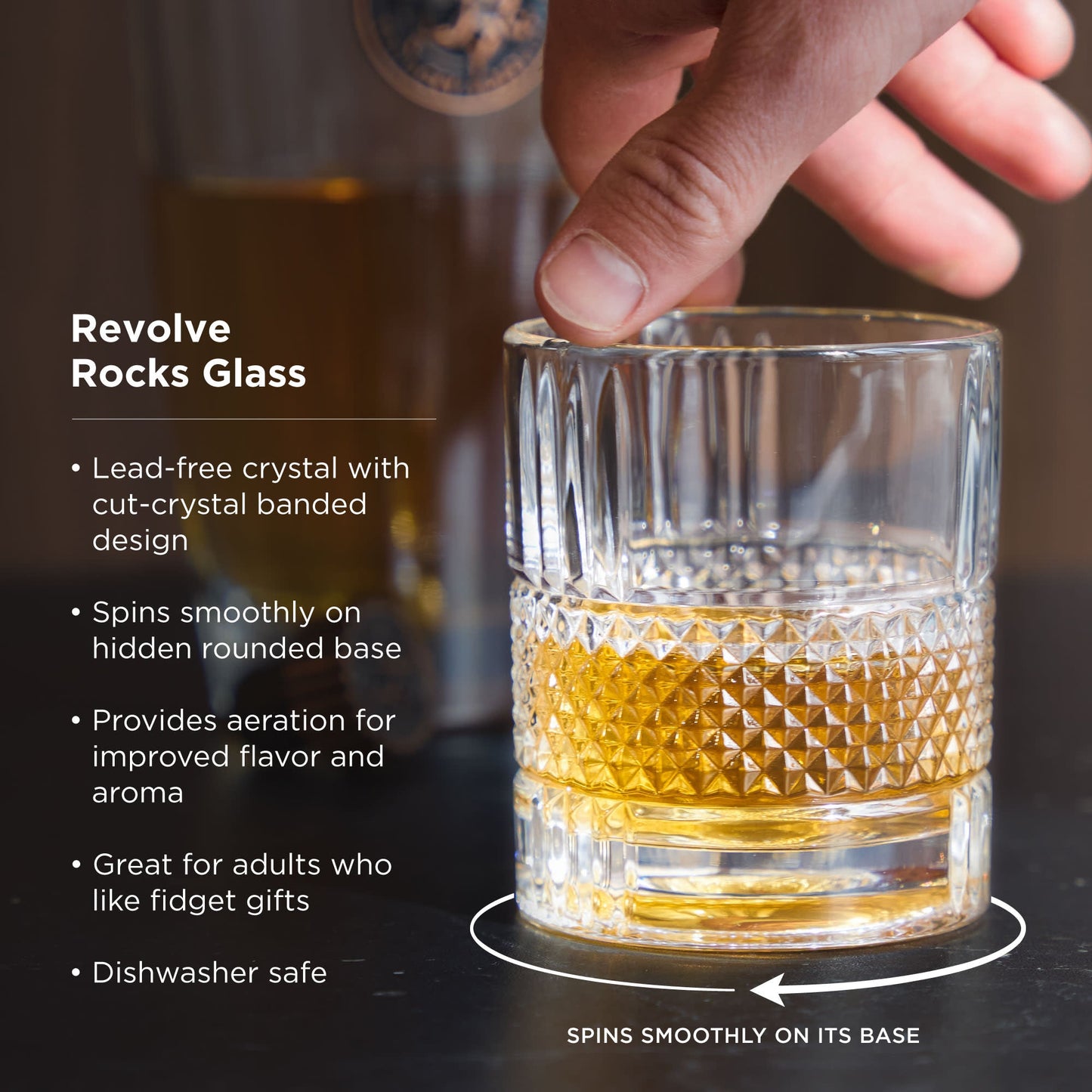 Rotating crystal whiskey rocks glass for the home