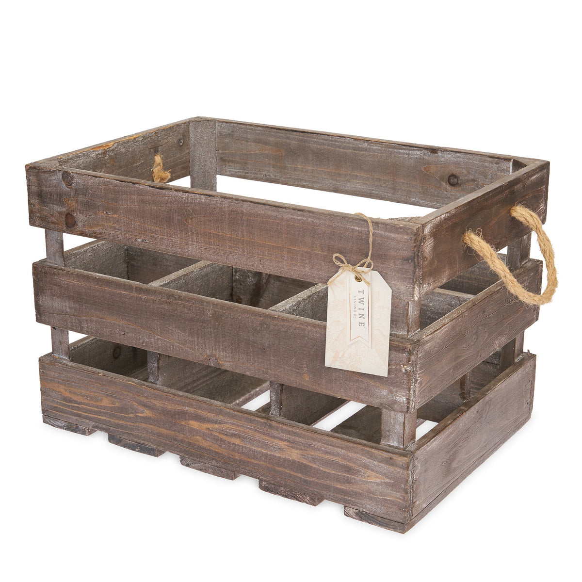 Wooden 6-bottle wine crate by Twine Living with rustic brown wood and rope handles on Tampa Home & Garden Store