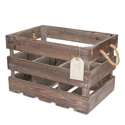 Wooden 6-bottle wine crate by Twine Living with rustic brown wood and rope handles on Tampa Home & Garden Store