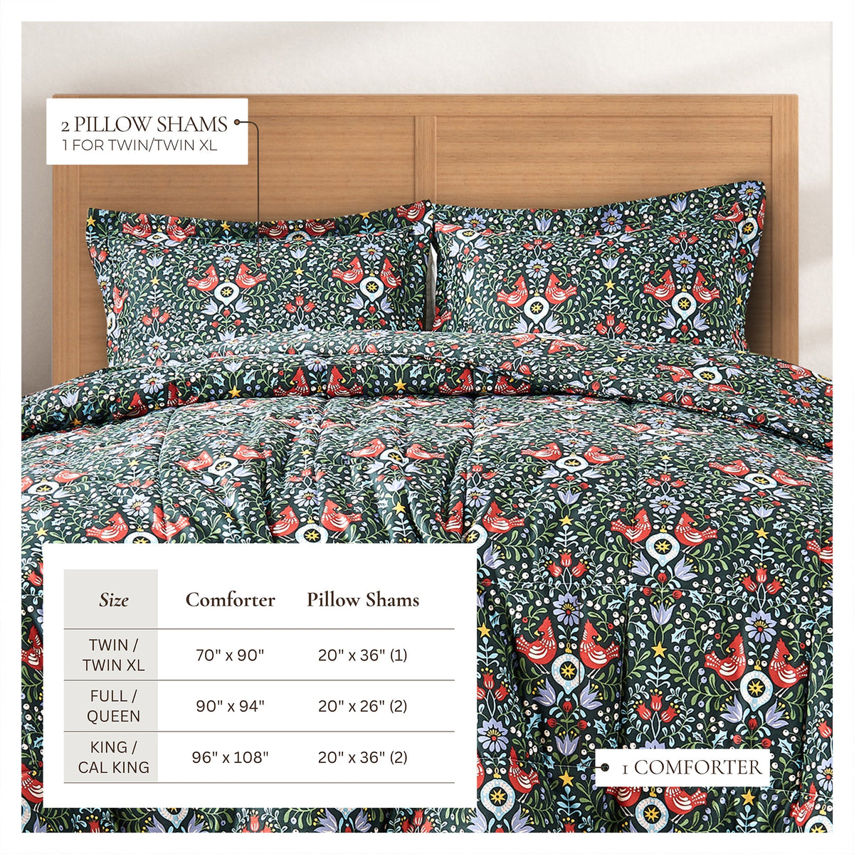 Odette Christmas comforter set with 2 pillow shams on a floral holiday pattern bed on Tampa Home & Garden Store