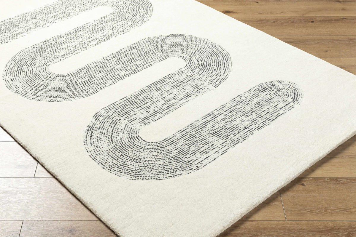Saura Wool Area Rug Clearance by Boutique Rugs, cream rug with bold gray loop pattern on Tampa Home & Garden Store