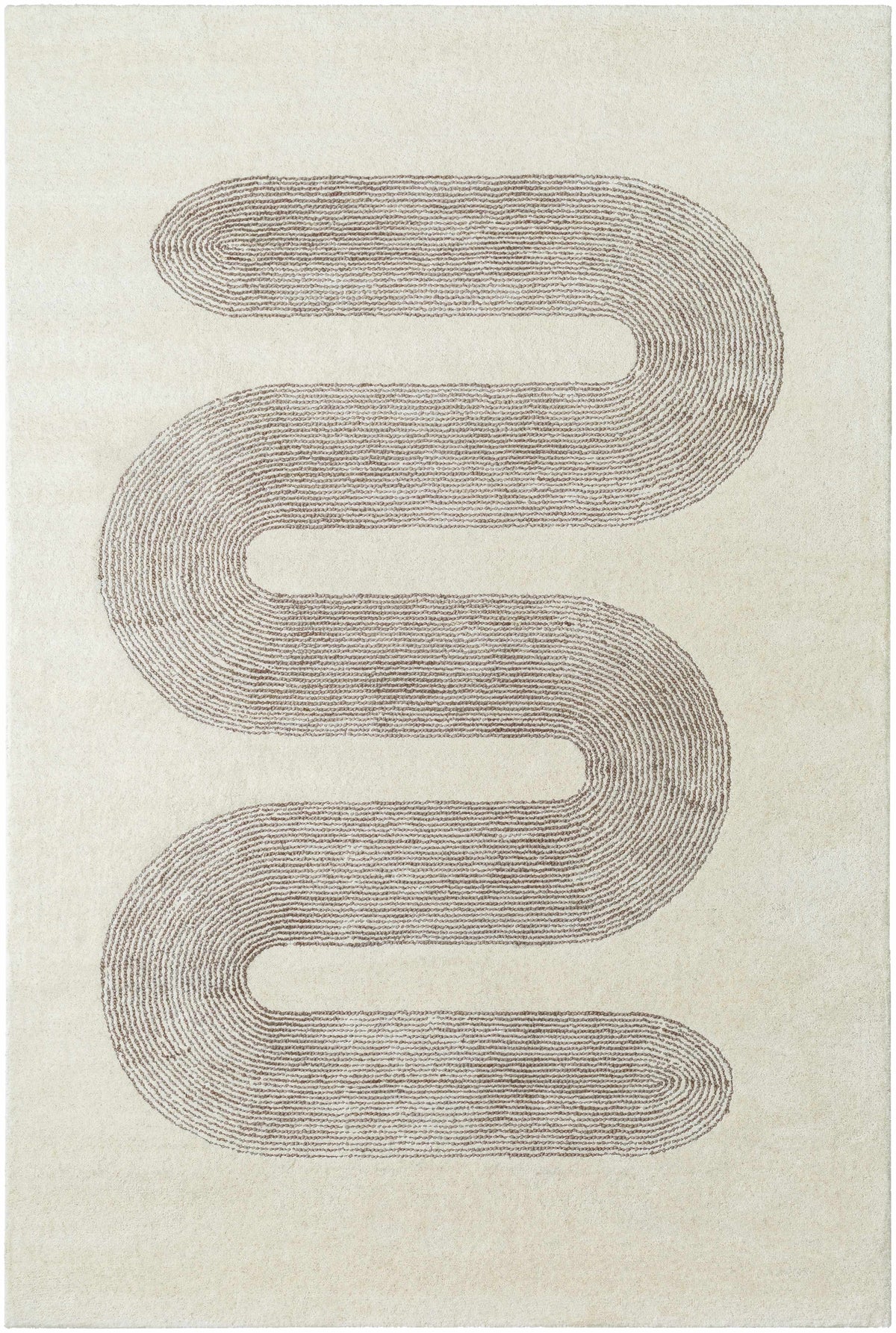 Saura Area Rug by Boutique Rugs, cream background with brown S-shaped line motif on Tampa Home & Garden Store