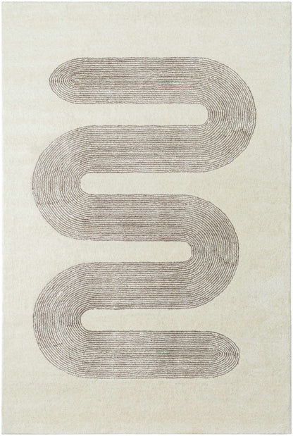 Saura Area Rug by Boutique Rugs, cream background with brown S-shaped line motif on Tampa Home & Garden Store