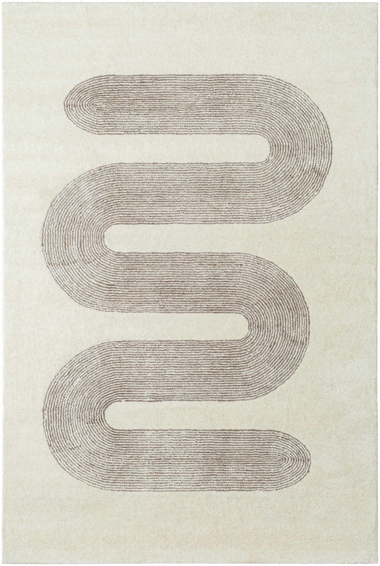 Saura Area Rug by Boutique Rugs, cream background with brown S-shaped line motif on Tampa Home & Garden Store