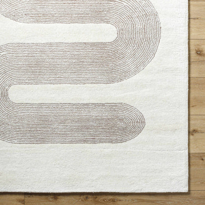 Saura Area Rug by Boutique Rugs, cream field with taupe curved loop pattern on Tampa Home & Garden Store