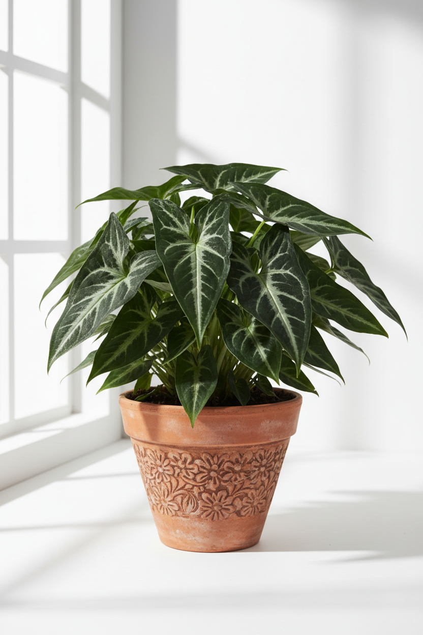 Syngonium wendlandii Black Velvet indoor plant in a terracotta pot with floral pattern on Tampa Home & Garden Store